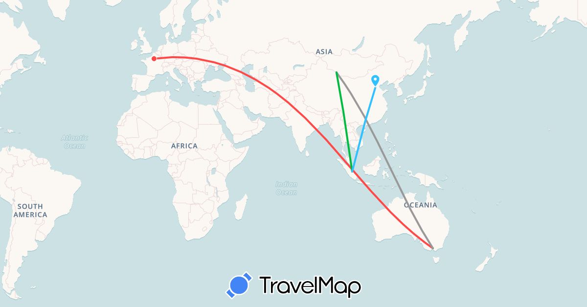 TravelMap itinerary: driving, bus, plane, hiking, boat in Australia, China, France, Indonesia, Mongolia (Asia, Europe, Oceania)